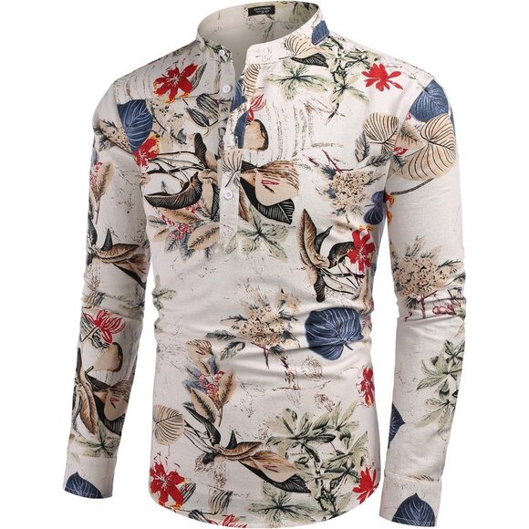 Men's Khaki Floral Cotton Linen Henley T-shirt Long Sleeve Casual Beach Button - Picture 4 of 8